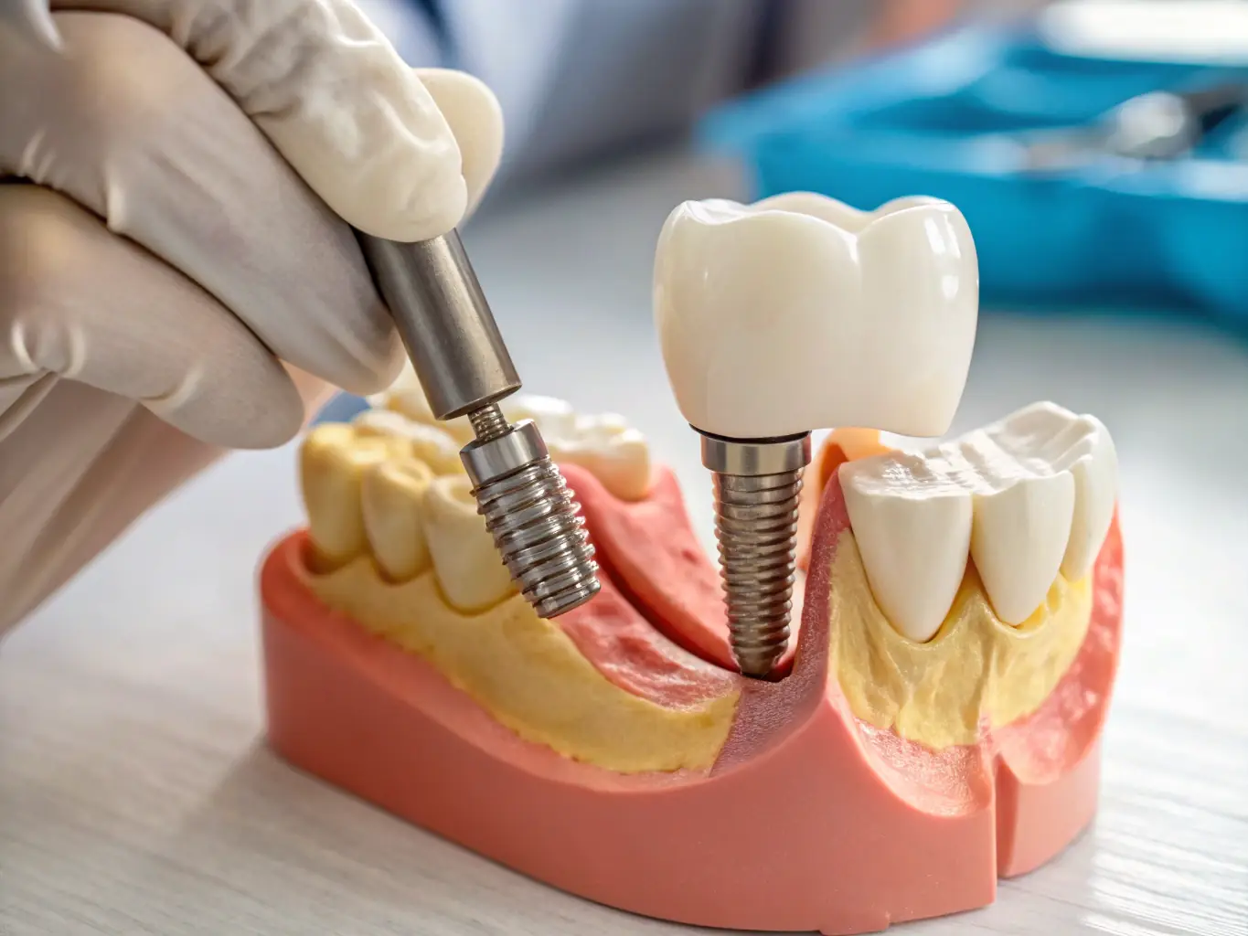 A dentist carefully placing a dental implant in a patient’s mouth using modern equipment, illustrating the restorative treatments offered.
