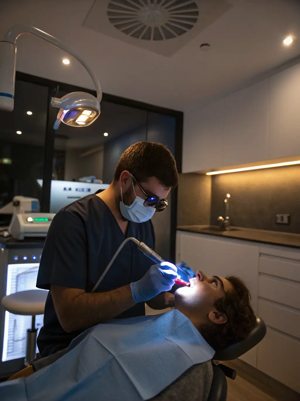 A photograph of a dentist performing laser-assisted periodontal therapy, showcasing the advanced technology used at Apolon Dent for precise treatment.